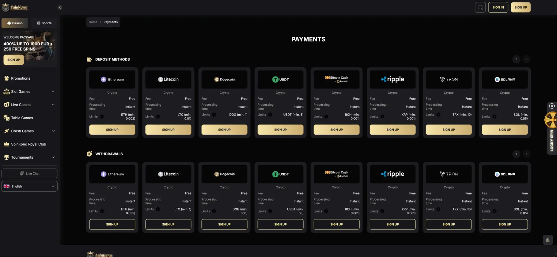 Additional cryptocurrencies in the SpinKong cashier