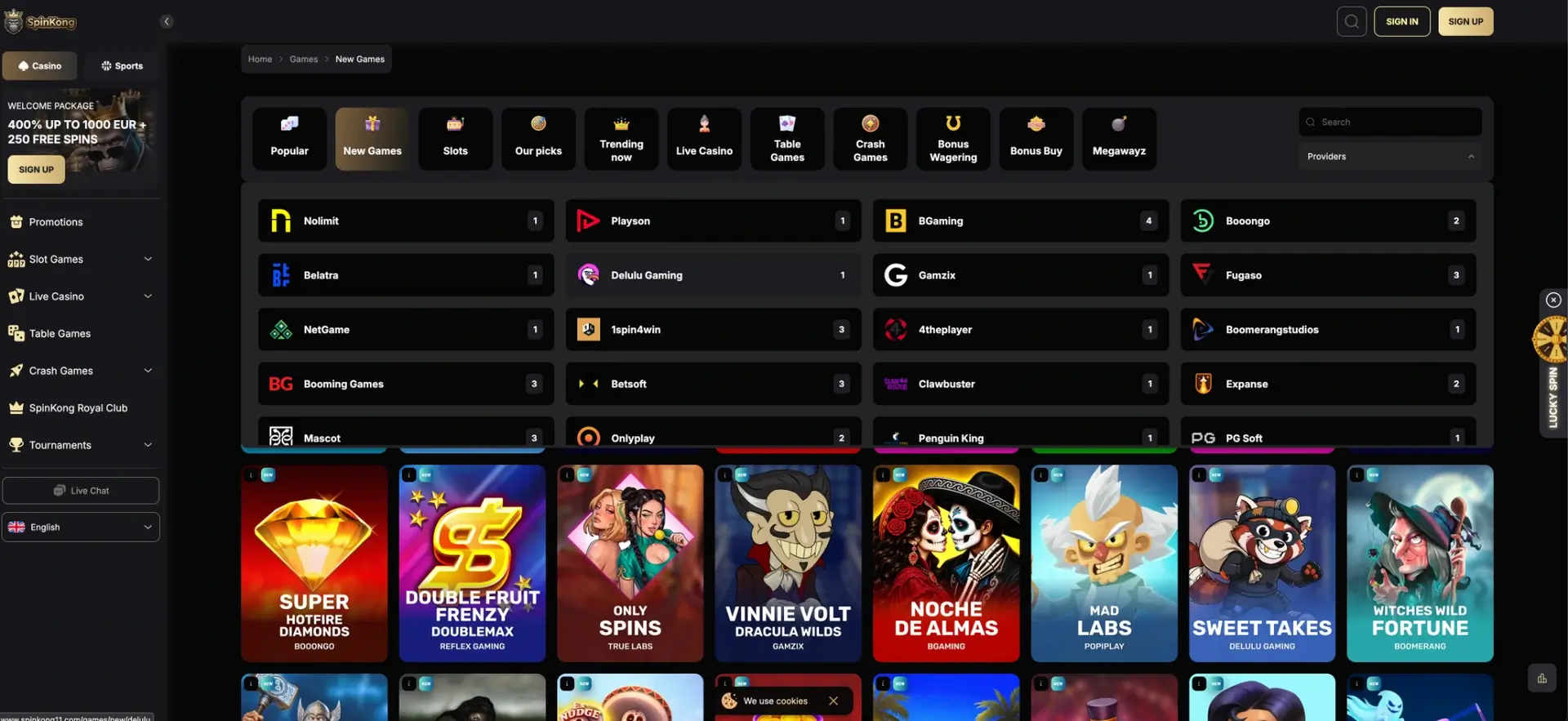 SpinKong game categories and provider filter