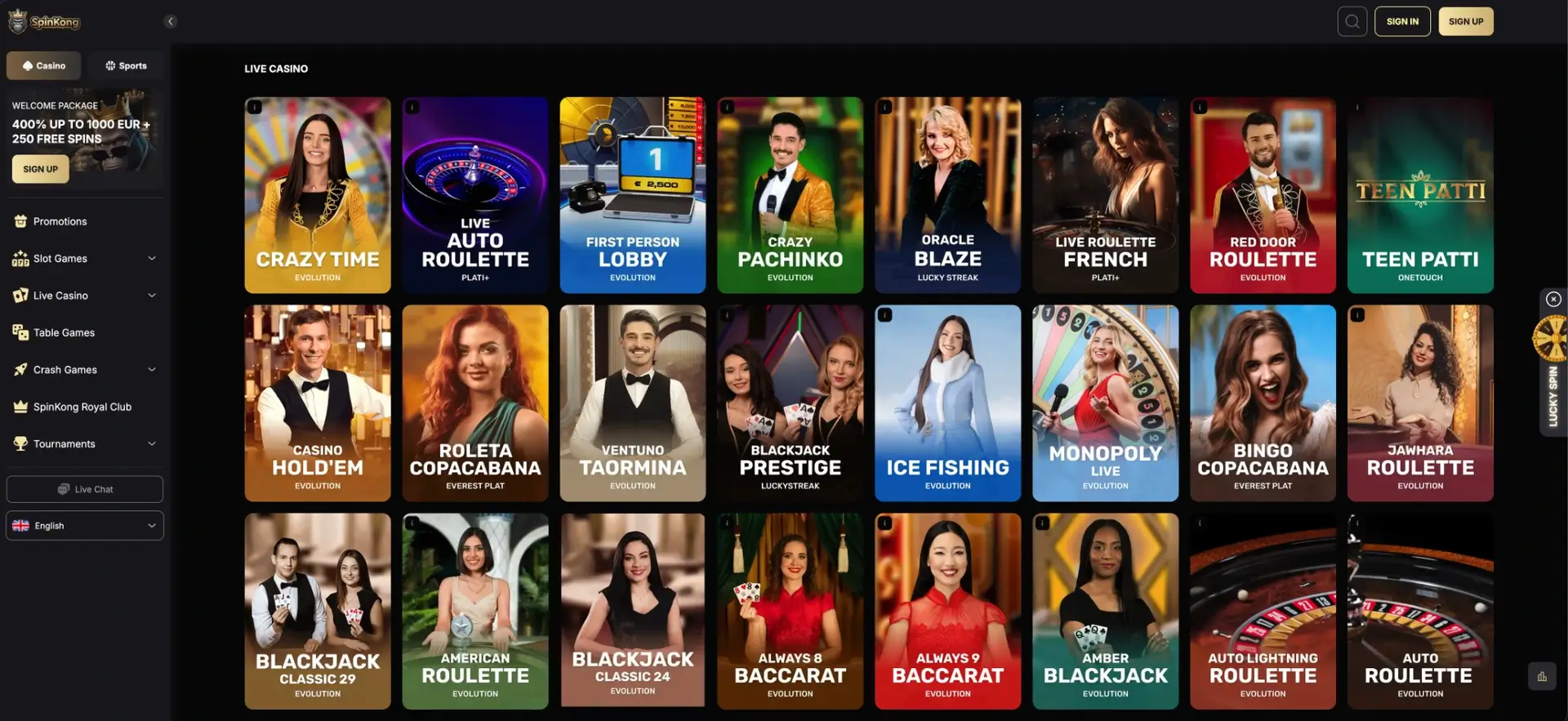 SpinKong live casino catalogue