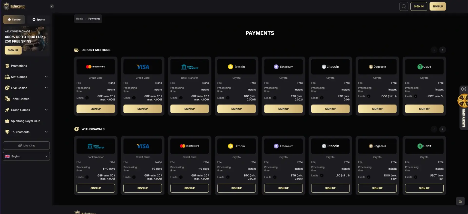 GBP and cryptocurrency payment methods at SpinKong