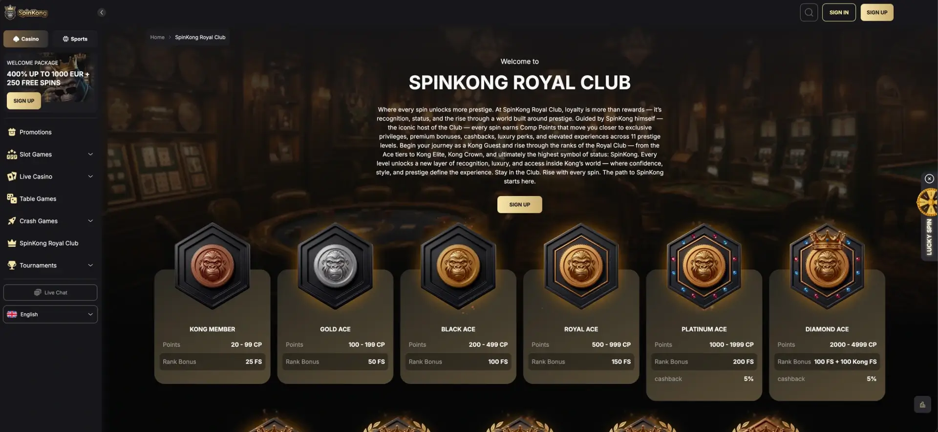 First levels of the SpinKong Royal Club