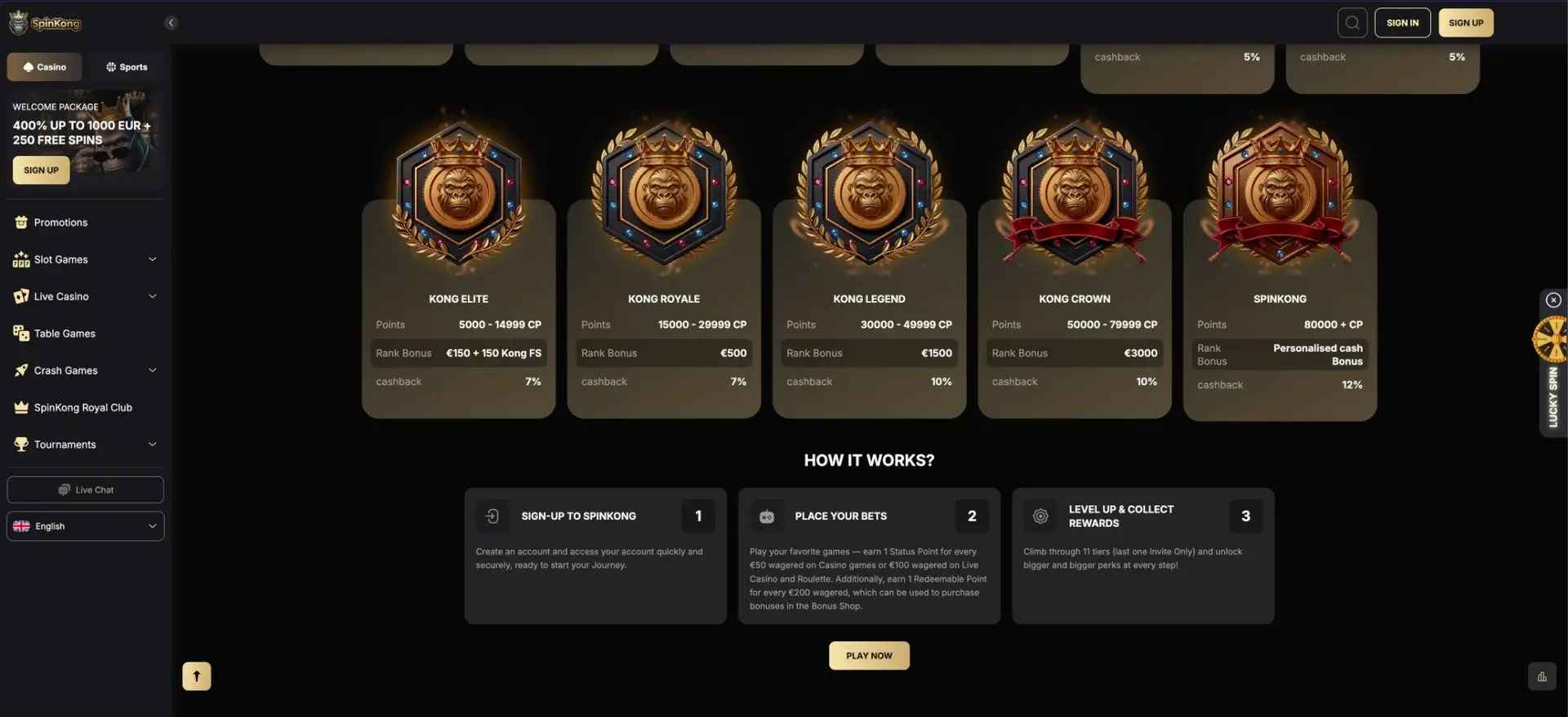 Higher SpinKong Royal Club levels and rewards